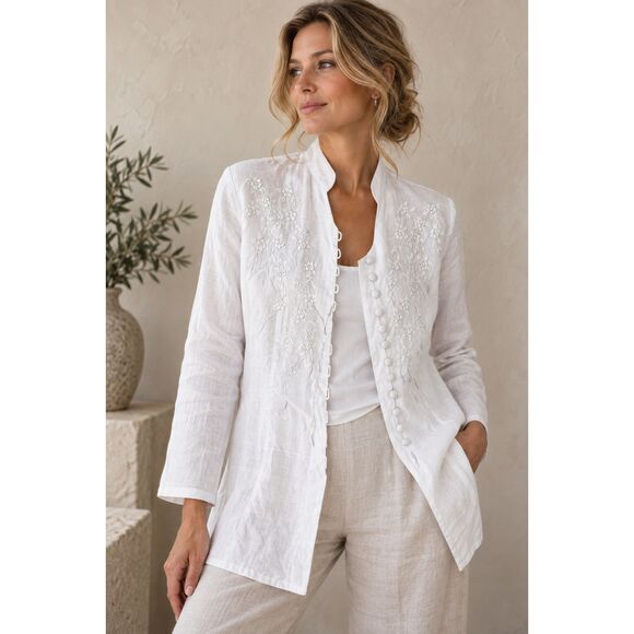 Purple Linen Jackets & Blazers - Purple Linen 100% Linen Embroidered Tunic Jacket Blouse White Size S Women’s
